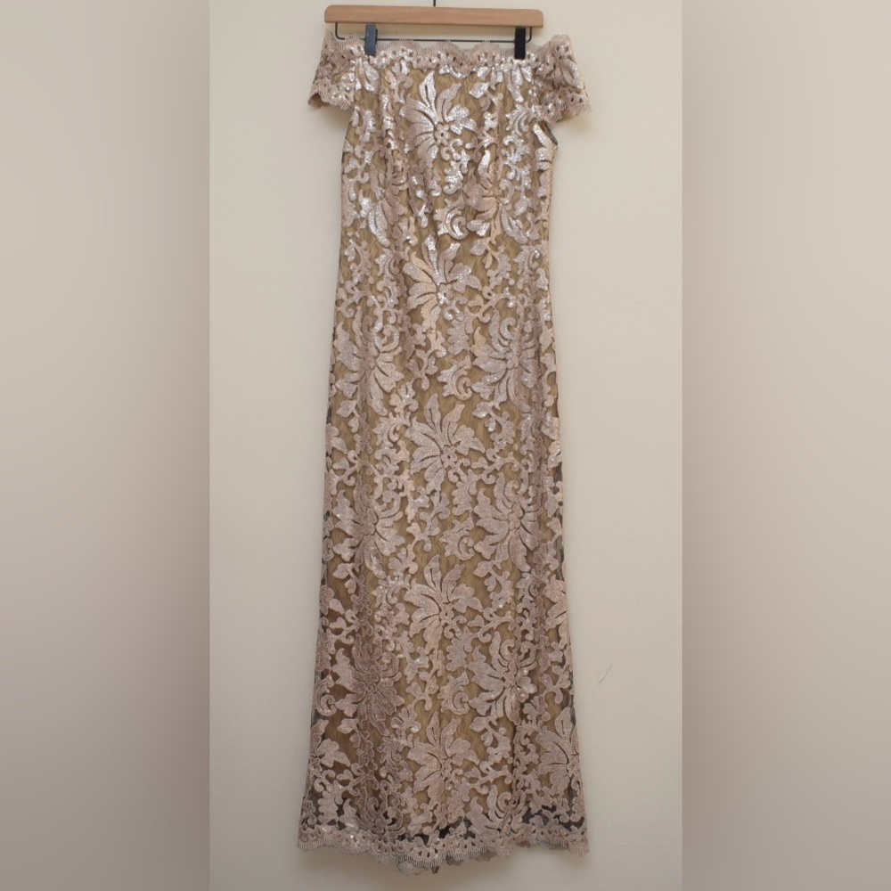 BHLDN Tadashi Shoji Odette Gold Sequin Boatneck Lace Overlay Full Length Dress